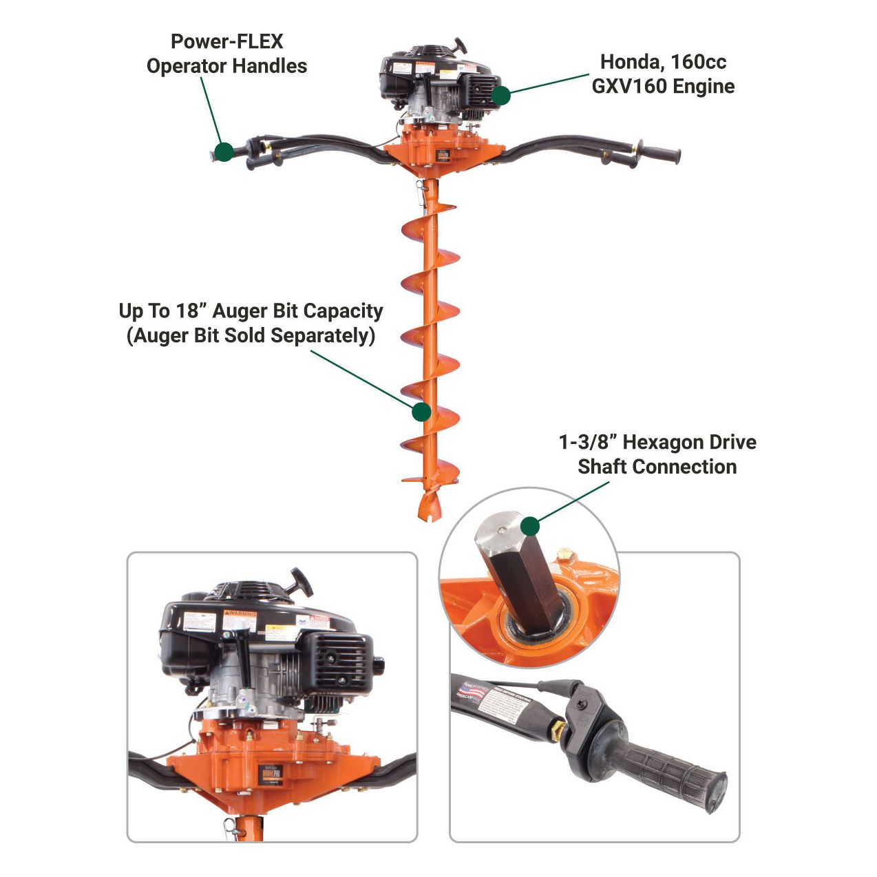 Brave Two-Man Auger 1-3/8-In. Hex Honda GXV160 - BRPA265H